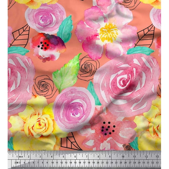Soimoi Cotton Jersey Fabric Leaves & Rose Floral Printed Fabric 1 Yard 58 Inch Wide