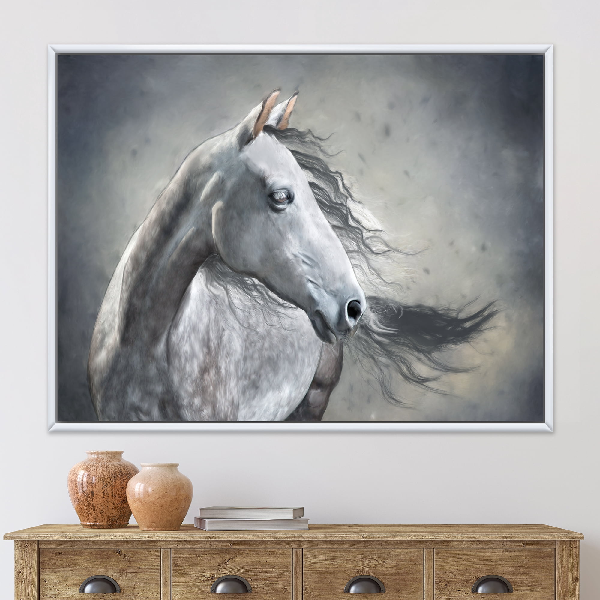 Black and White Portrait Of A Wild Horse 32" x 24" Framed Painting Canvas Art Print, by Designart