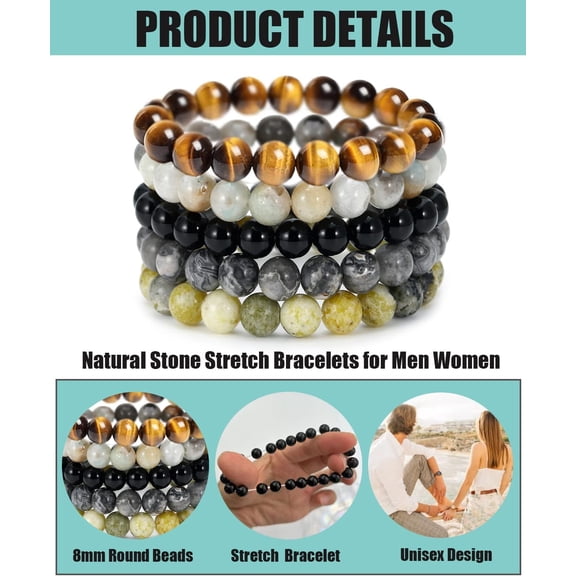 DASAW-5PCS Semi-Precious Gemstone Bracelet - Healing Crystal Stone Beaded Bracelets for Women Men 8mm Round Beaded Stretch Bracelets Unisex Yoga Bracelets