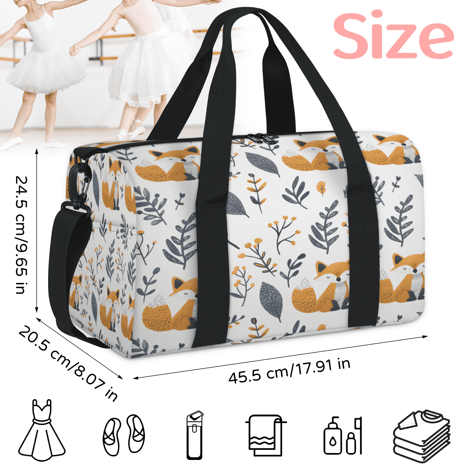 Herdesigns Fox Travel Duffle Bag Sports Yoga Weekender Overnight Carry on Workout Bags Lightweight Waterproof Gym Tote Bag for Women Wildlife