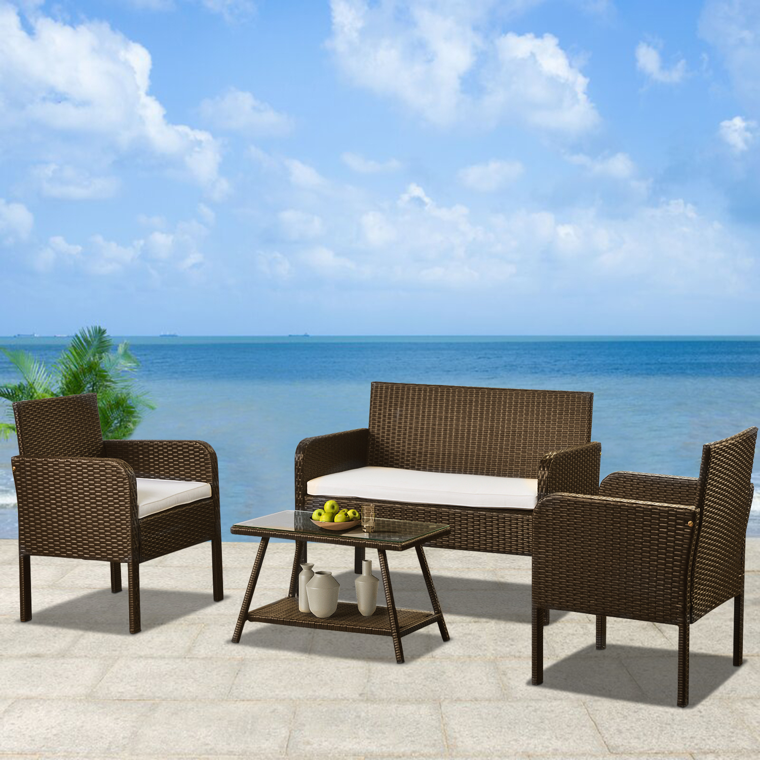 uhomepro 4 Piece Bistro Patio Set, Rattan Wicker Outdoor Patio Furniture with 2pcs Arm Chairs, 1pc Love Seat, Coffee Table Beige, Cushion, Dining Set for Backyard Poolside Garden - image 2 of 7