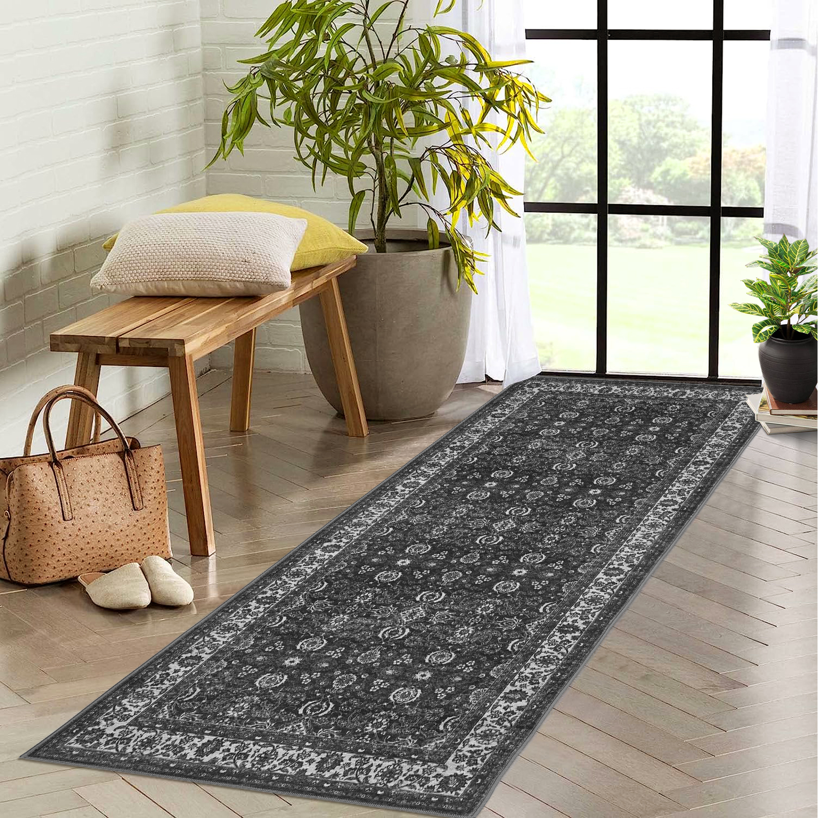 2x6 Runner Rug Vintage Floral Machine Washable Rugs, Non-Slip Vintage Boho Ultra-Thin Throw Carpet for Hallway Entryway Black