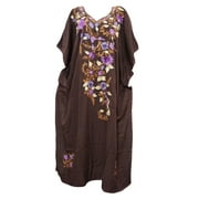 Mogul Kaftan Housedress Kashmiri Embroidered Dark Brown Maxi Caftan House Dresses XXL