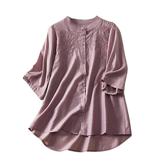 Timegard Womens Short Sleeve Tops Cotton Linen Crew Neck Button down Lightweight Casual Loose Shirts Top