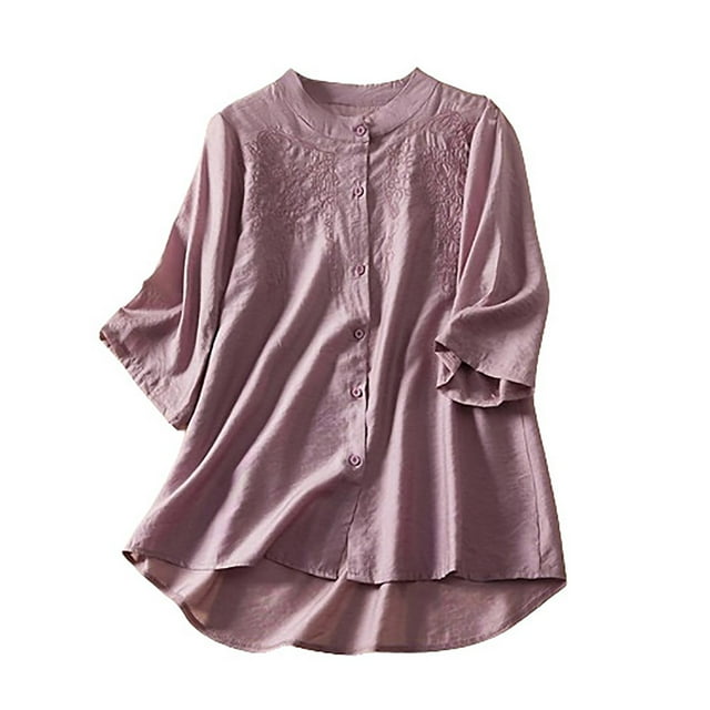Timegard Womens Short Sleeve Tops Cotton Linen Crew Neck Button down Lightweight Casual Loose Shirts Top