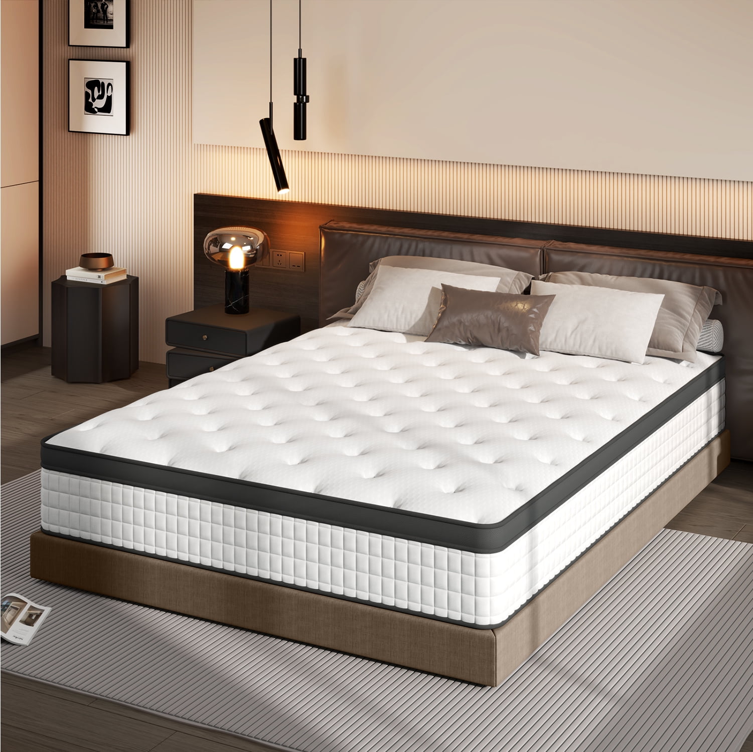 Doubleslee Twin Mattress, 10" Boxed Memory Foam Hybrid Spring with Motion Isolation and Pressure Relief - Black and White