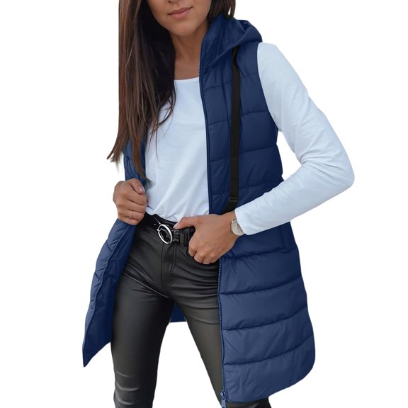 Wutalume Women's Long Vest Plain Sleeveless Hood Winter Vest Outwear Jacket, Lightweight Warm Coat, Solid Color, Casual Style, Ideal for Cool Weather and Layering,Dark Blue L