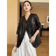 thumbnail image 2 of Elegante abrigo de piel de oveja con cuello en V para mujer, tendencia primavera otoño 2024, chaquetas blazer de cuero genuino casuales simples de alta gama, 2 of 5
