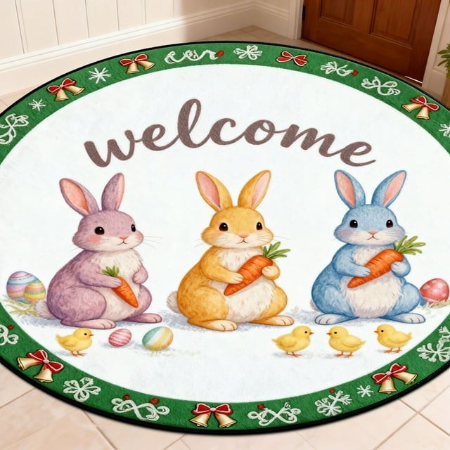 Round Easter Bunny Welcome Mat for Indoor Use - Absorbent Non Durable Polyester Rug with Cute Rabbit Print Round Shape Ideal for Living Room and Entry 40/60/80 cm