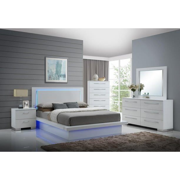 Saturn Led Light Modern 5 Piece Queen Bedroom Set With 2 Nightstands In White Lacquer Walmart Com Walmart Com