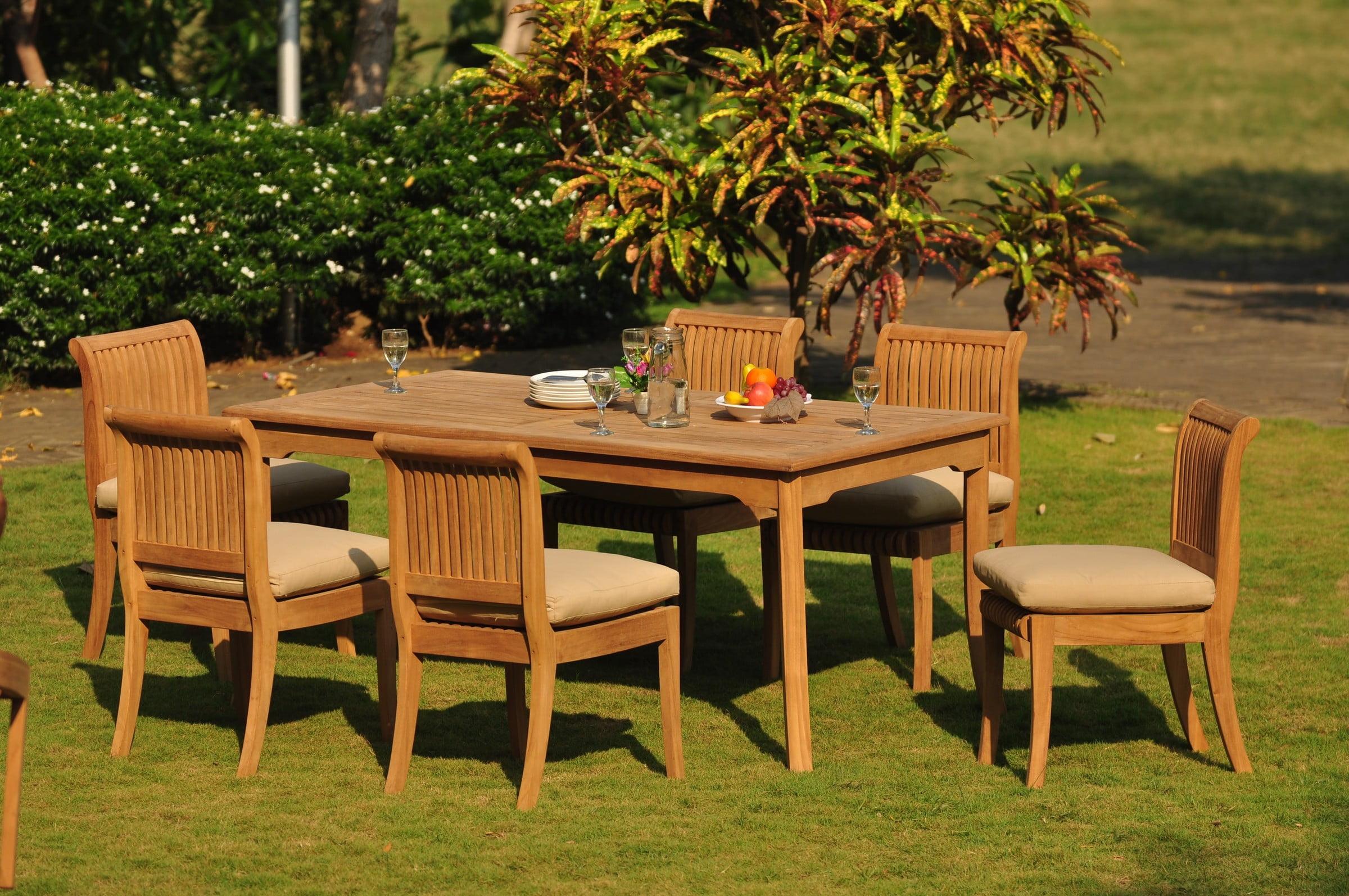 Teak Dining Set 8 Seater 9 Pc 71" Rectangle Table & 6 Armless/Side