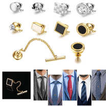 Mens Gold Tone Black Clear Crystal Tie Tac Tack Pin  Adult Male, 8 pack