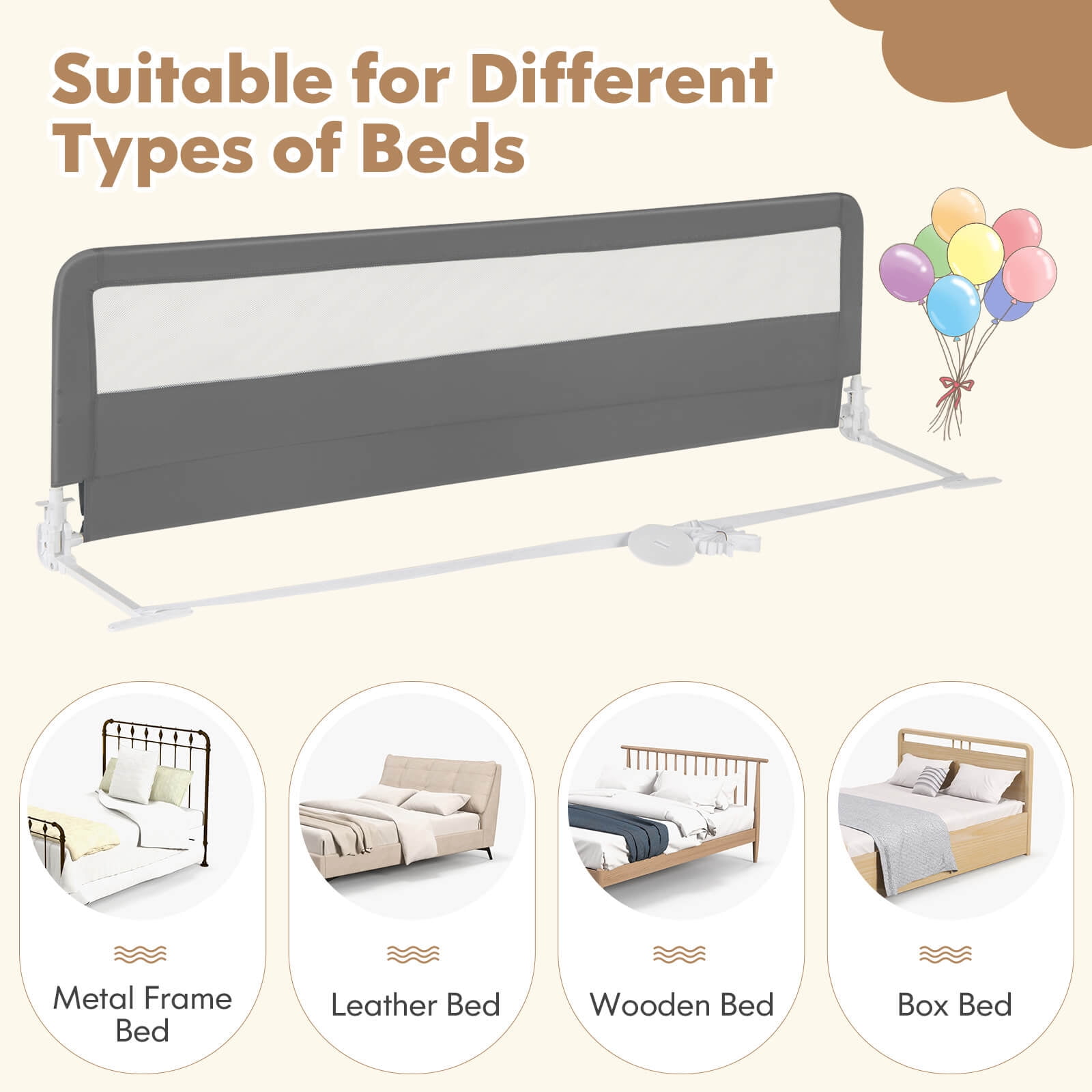 Babyjoy 71" Long Bed Rail for Toddlers with Removable Cover Breathable Mesh & Crossbar Gray