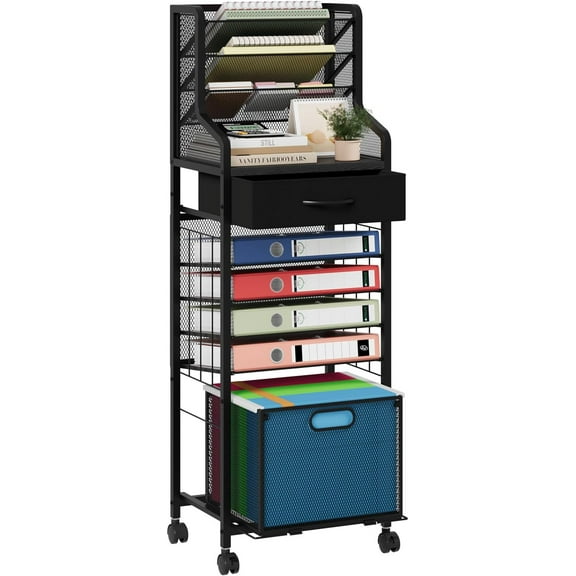 10-Tier Rolling File Cart - Mesh Paper Organizer with Drawer and Hanging File Folders on Lockable Wheels, Rolling File Cabinet for Office Organization, Storage in Home, Studio, School, Black