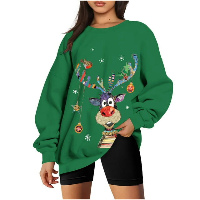 2023 Chandails de Noël pour Femmes en Liquidation Col Rond Mode Décontractée Manches Longues Imprimé de Noël Chandails Blouse