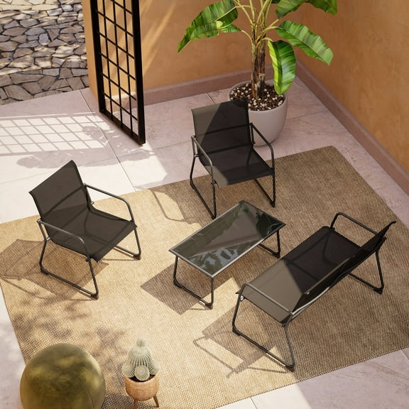 LAUSAINT HOME 4 Pieces Outdoor Furniture Set, Textilene Patio Conversation Set with Coffee Table, Black