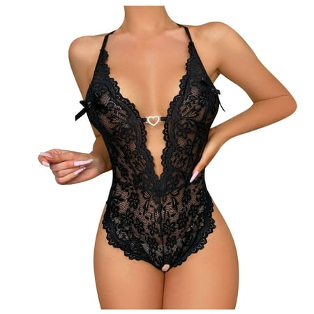 

YDKZYMD Women S Sexy Lingerie Chemise With Deep V Neck Set One Piece Lace Babydoll Underwear Teddy Sheer Snap Crotch Bodysuit Set