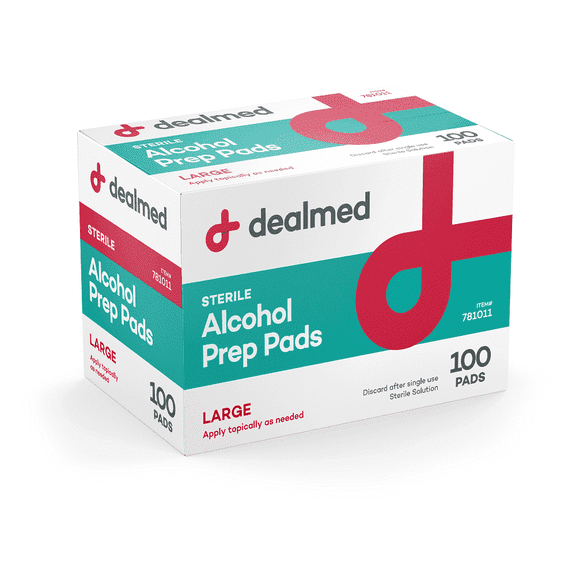 Dealmed Alcohol Prep Pads, Large, Latex-Free, Gamma Sterilized for First Aid and Medical Facilities, 100 Count (Case of 1)