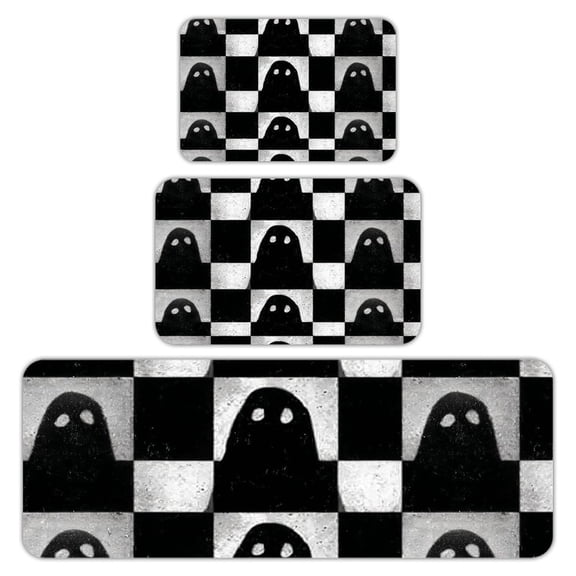 RKSupls Kitchen Rug Set 3 Piece Anti-Slip Flannel Floor Mats, Ghost Checkerboard Washable Absorbent Runner Mats for Kitchen Bathroom Home Decor