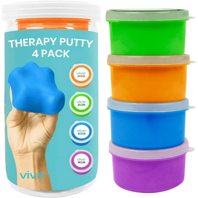 Exercise Putty (4-Pack) - Therapeutic, Occupational and Therapy Tool - Thinking and Stress - Finger, Hand Grip Strength Exercises - Extra Soft, Soft, Medium, Firm Sensory Kit - Squeezable Ball
