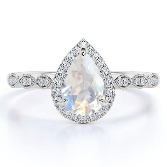 JeenMata 1.25 Carat Pear Cut Rainbow Moonstone and Moissanite Art Deco Wedding Ring in 18k White Gold over Silver