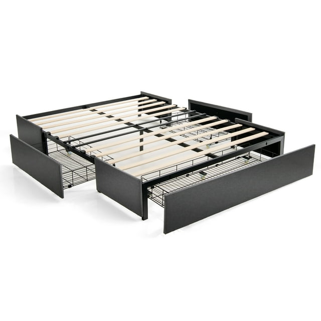 Costway Lit Plateforme Format Grand avec 3 Tiroirs de Rangement Base de Matelas Gris