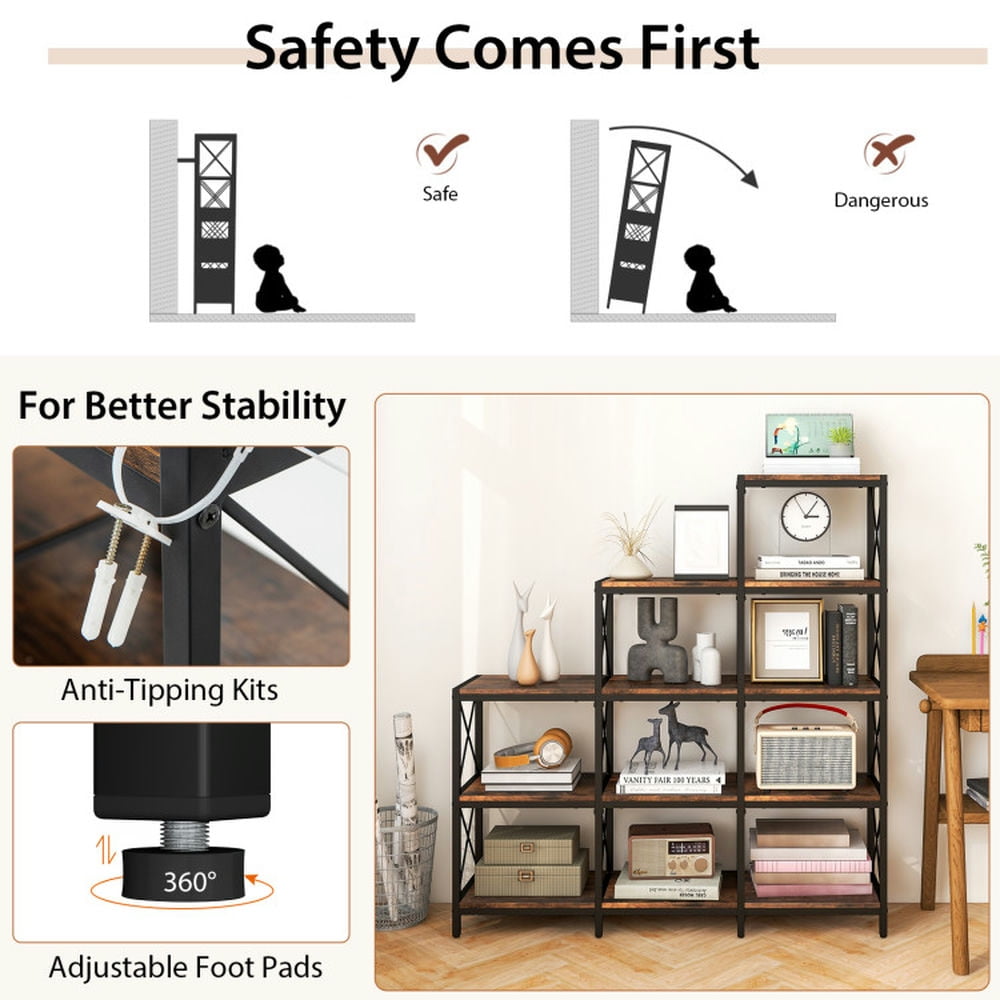 Demi Bonn 9 Cubes Bookshelf with Carbon Steel Frame for Home Office, Free Standing Ladder Bookcase, Brown