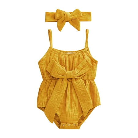 

Baby Solid Color Sleeveless Spaghetti Strap Bowknot Romper+ Headband