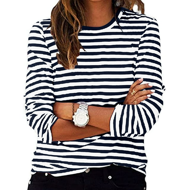 LMKIHUSA T-Shirts à Manches Longues pour Femmes Grande Taille Col Rond à Rayures Chemises Imprimées Surdimensionnées Douces Blouse de Mode d'Automne Bleu Marine,XXXXXL