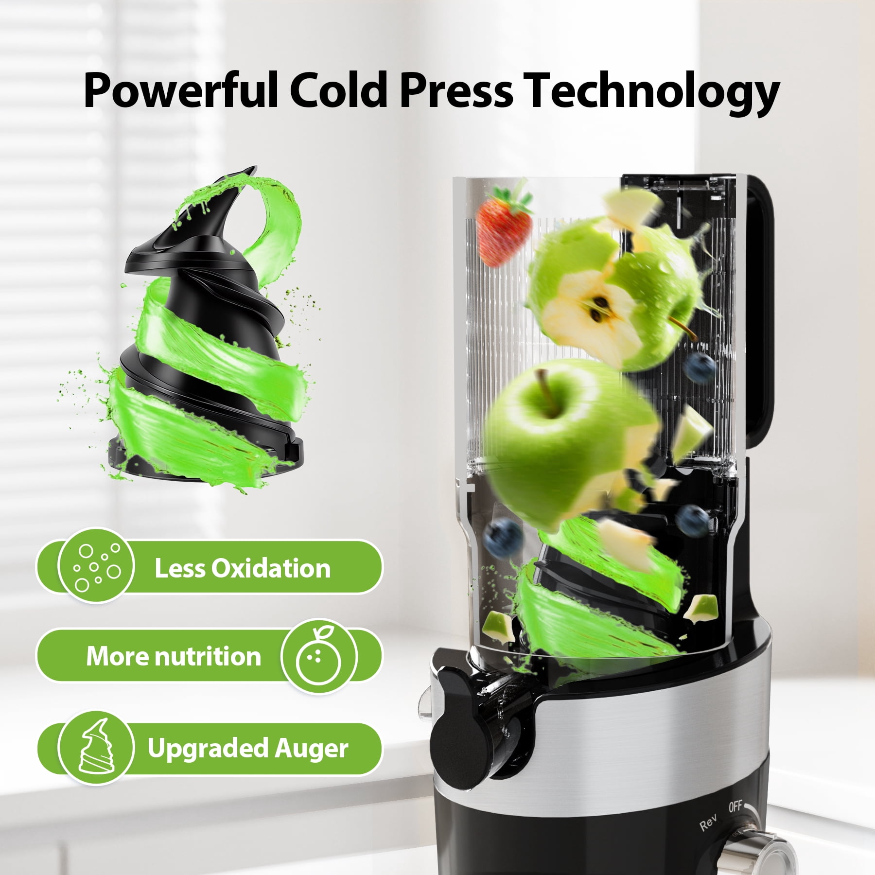 Aeitto Mega4 Masticating Juicer Machines, 4.35' Large Feed Chute, Whole Fruits/Vegetables, High Juice Yield