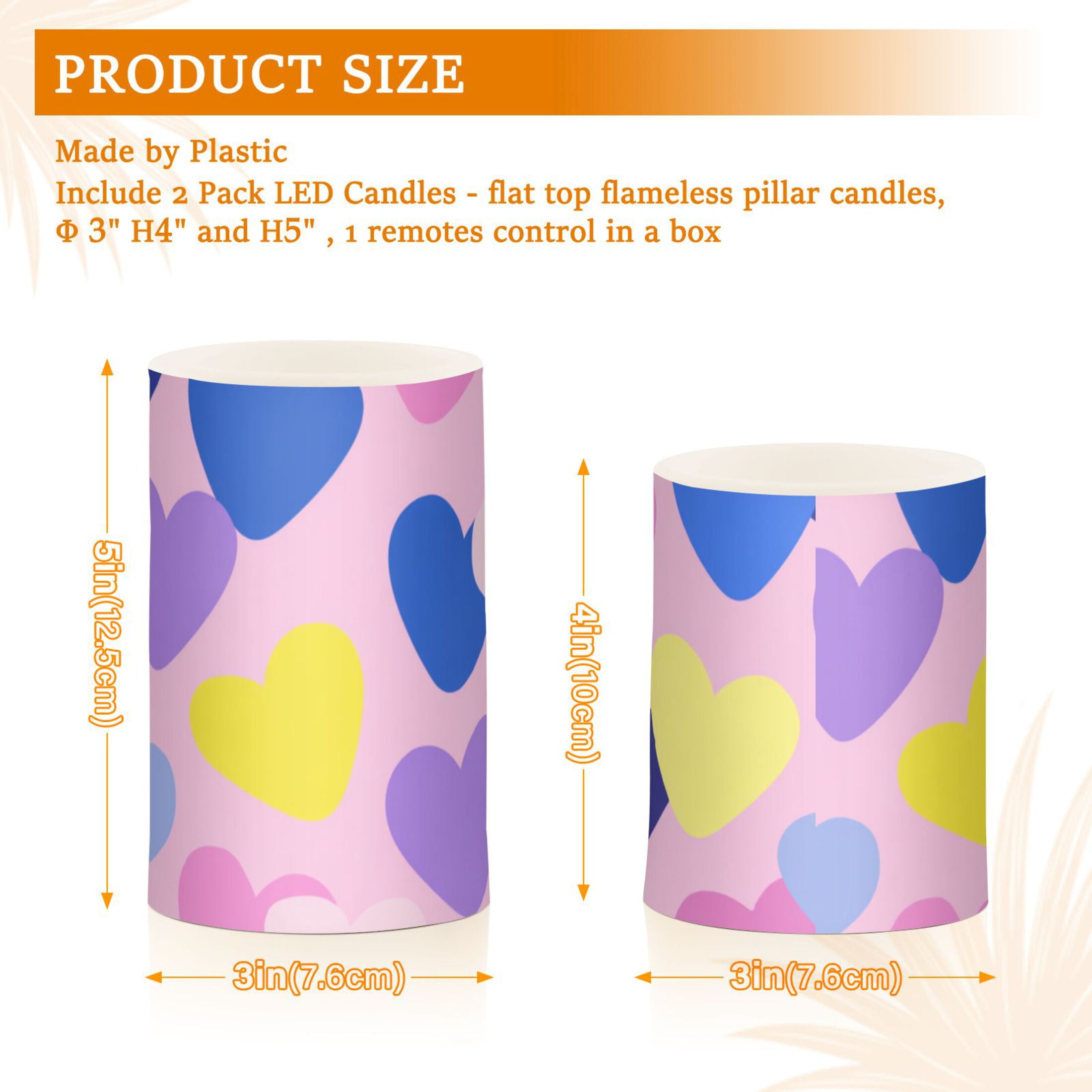 Valentine Illustration Purple Yellow Pink Blue Hearts Flickering Flameless Candles LED Tealight Battery Operated with Remote Set of 2 Holiday Decor Ornaments