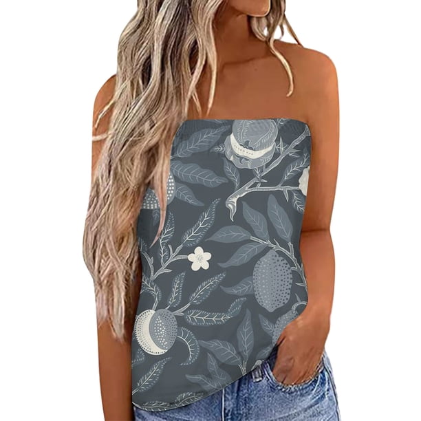 Gibobby Camiseta sin tirantes Bandeau para mujer, camiseta informal sin mangas para vacaciones de verano, camiseta holgada para vacaciones, blusa, camiseta sin mangas para mujer(Gris,M)