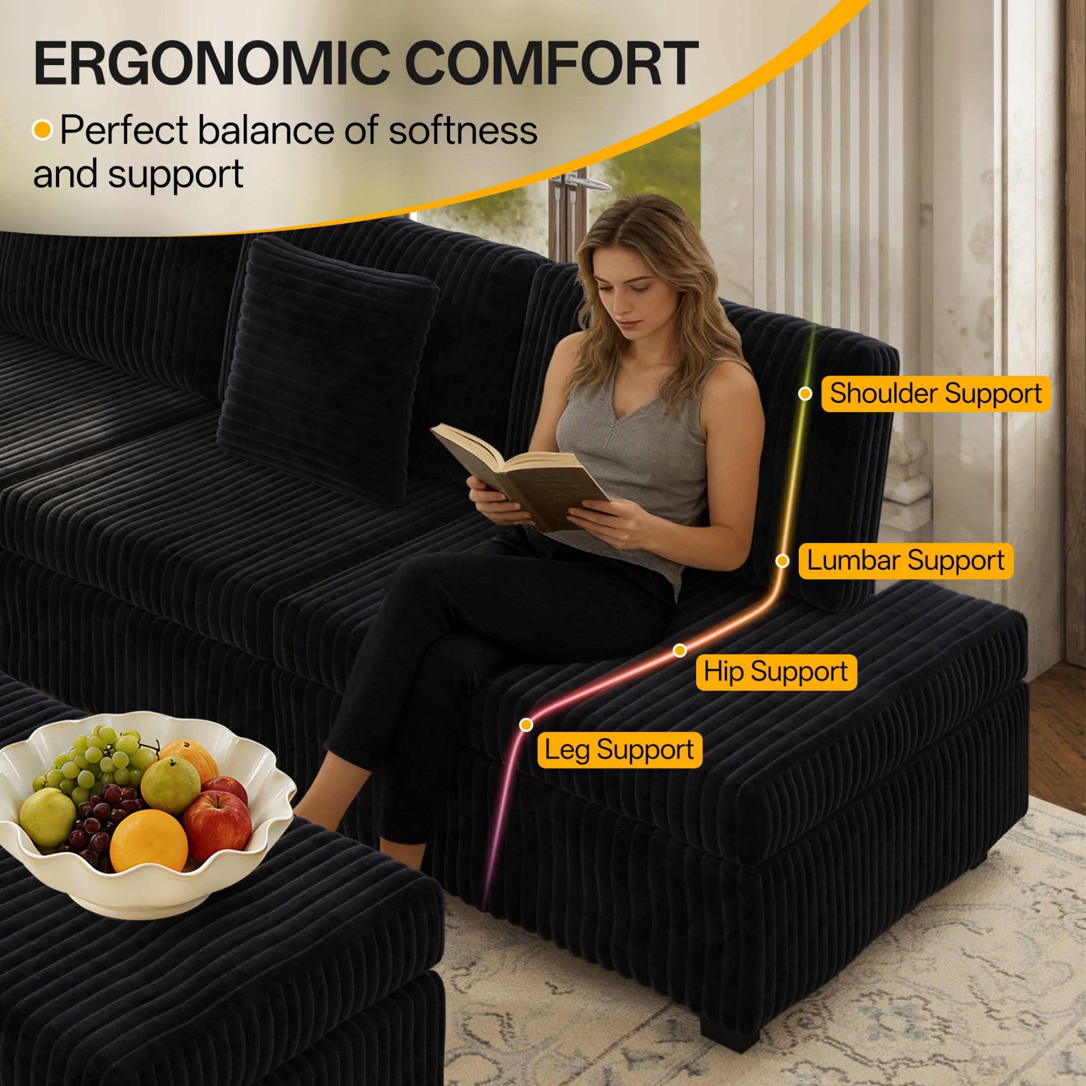 LLappuil 110" Sectional Sofa, Modular Sectional Couch Convertible Sofa Bed, 7 Seat Corduroy Sofa Couch with Movable Ottoman, Hidden Armrest Storage & USB Charging Ports Black