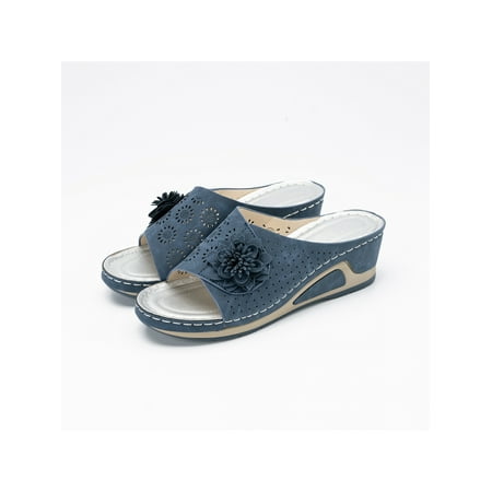 

Rotosw Women Slides Open Toe Wedge Sandal Slip On Sandals Breathable Beach Slippers Seaside Non-Slip Casual Shoes Dark Blue 6