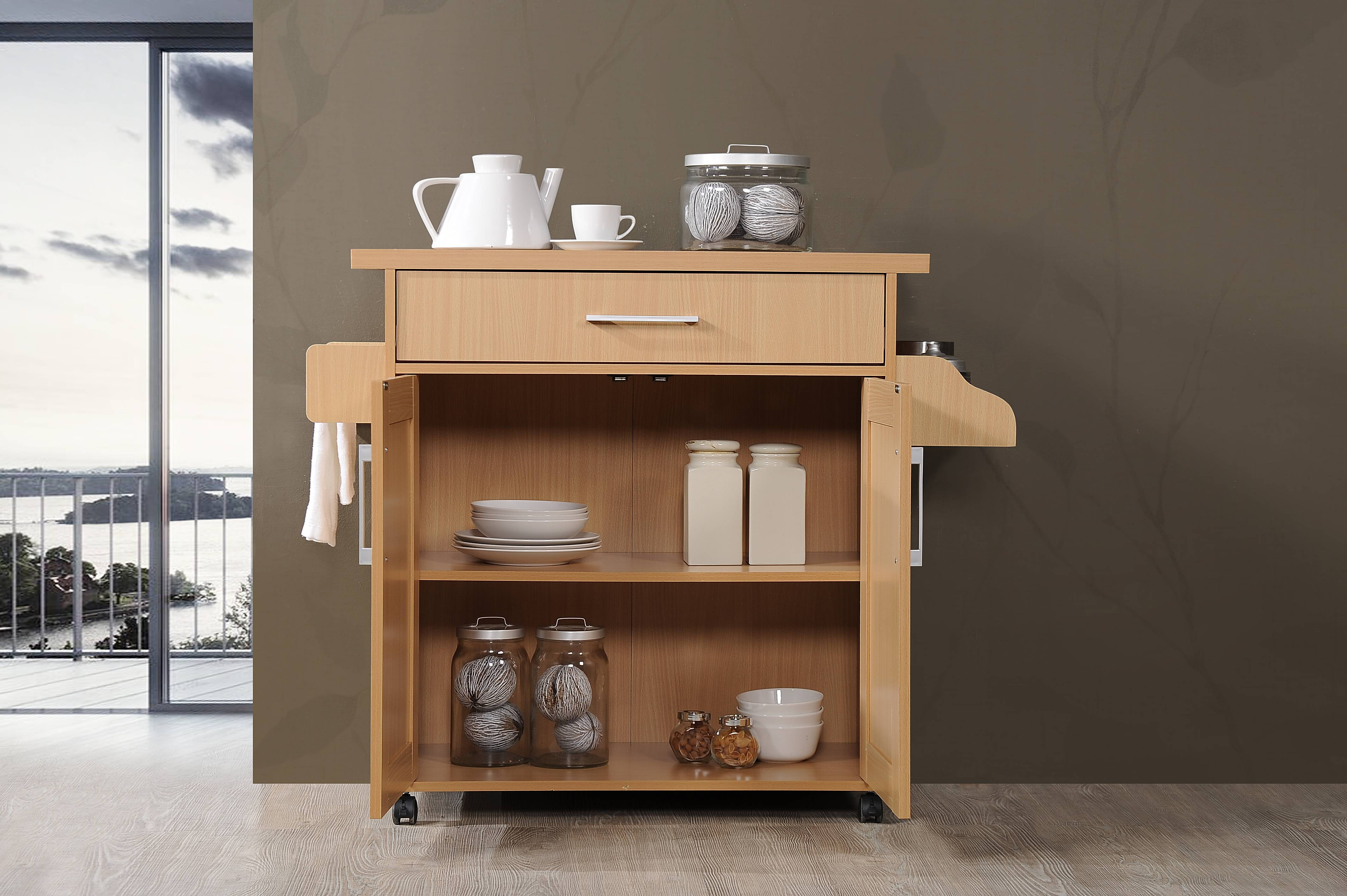 Hodedah Kitchen Cart with Spice Rack plus Towel Holder, Beech