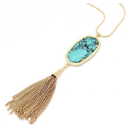 - Women Gold Plated Frame Vintage Turquoise Oval Stone Pendant with Tassel Long Chain Necklace