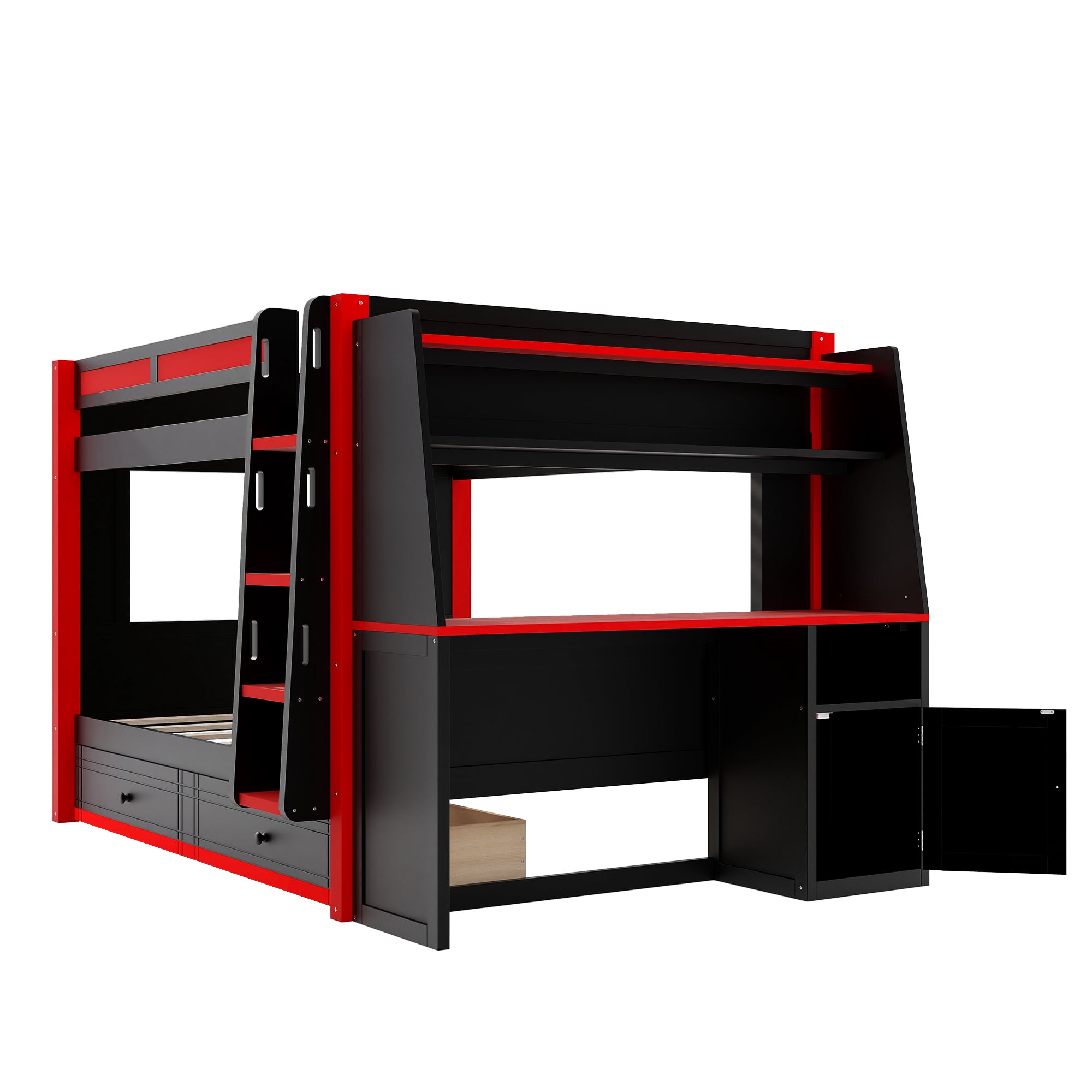 Euroco Wood Full over Full Bunk Bed with Desk and Shelves, Gaming Bed with Drawers and LED Lights, Red & Black