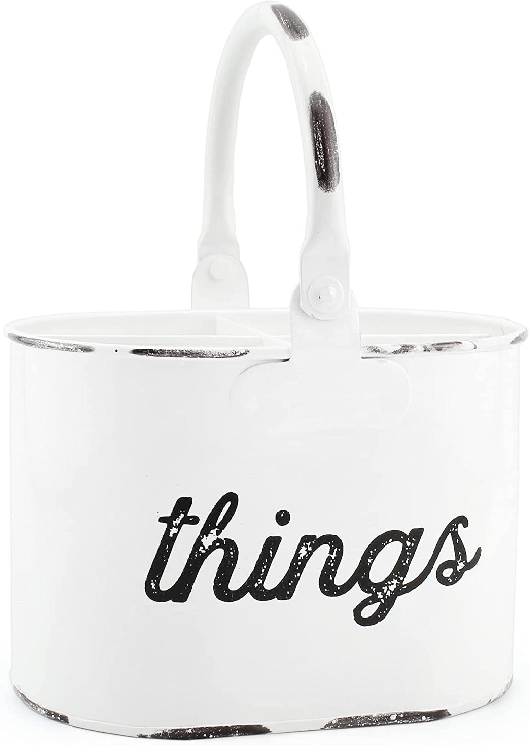 Rustic White Enamelware Caddy, Farmhouse Decor Organizer for Utensils, Pencils