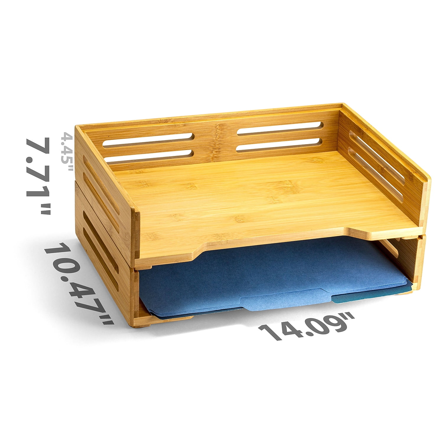 Officemate Bamboo Desk Accessories 2-Compartment Stackable Wood Desk Organizer Natural wood grain