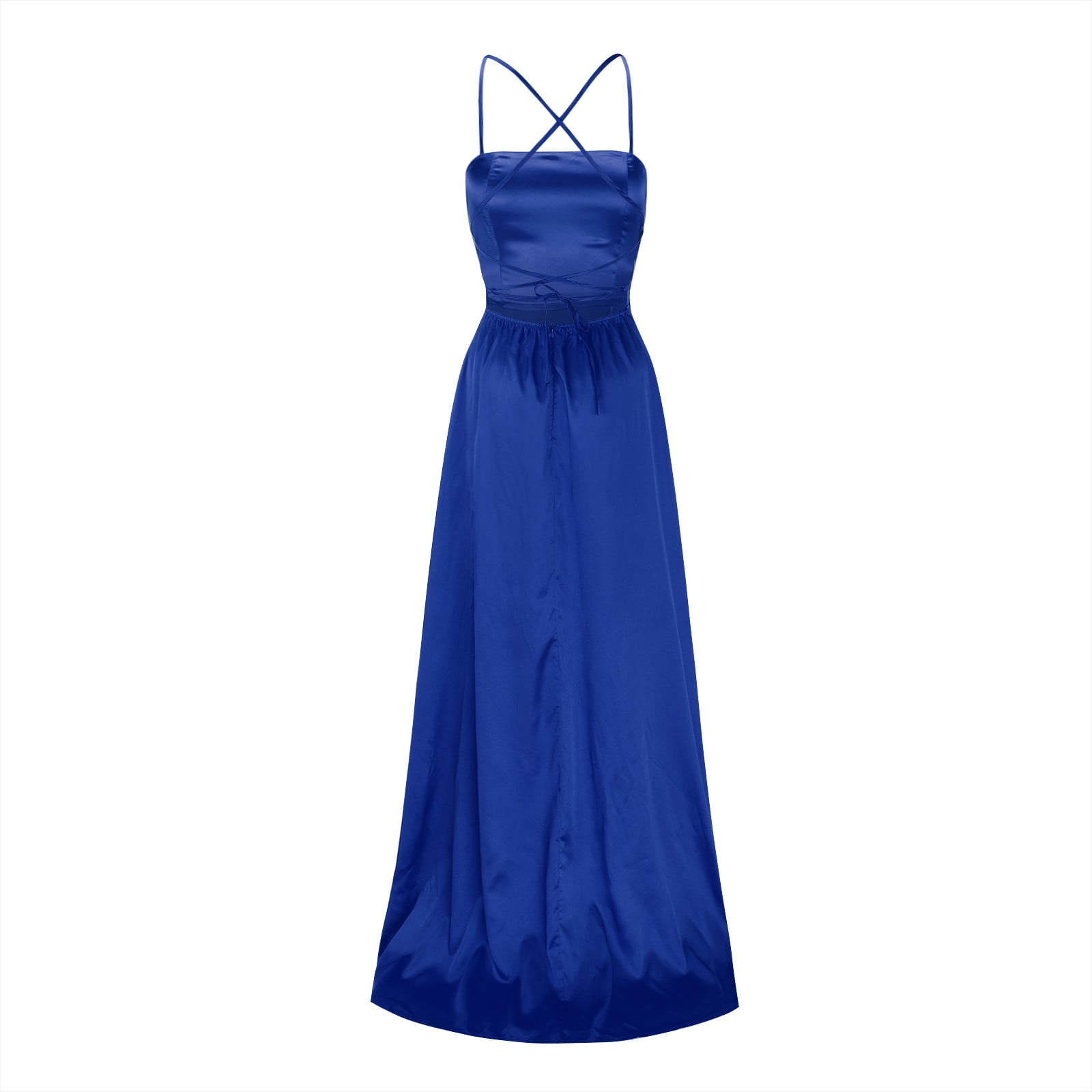 XIAOCHA Satin Gown for Women Fitted Scoop Neck Spaghetti Strap Side Slit Maxi Dress Smooth Glamorous Evening Dresses