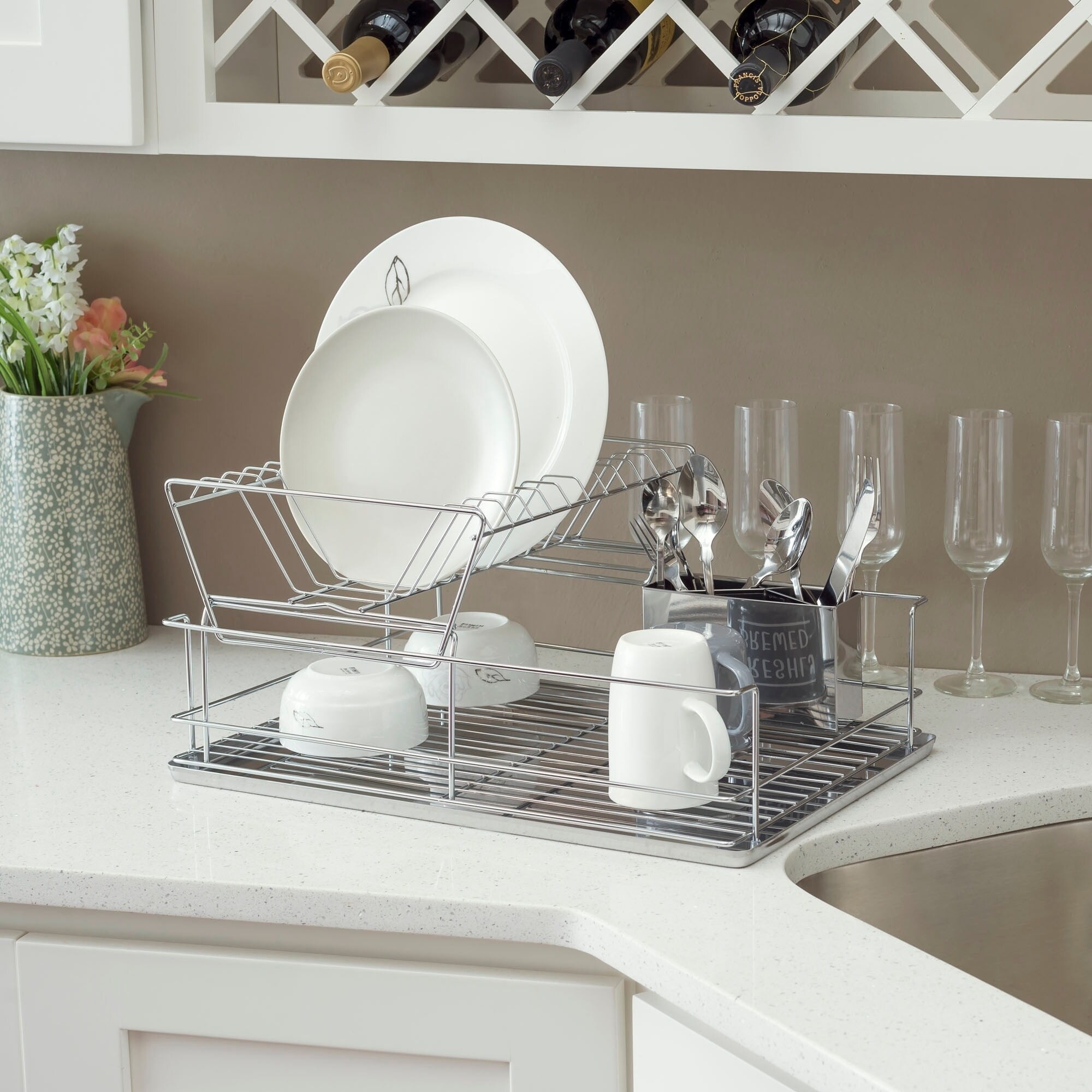 Home Basics 12.75-in W x 20.25-in L x 5-in H Steel Dish Rack and Drip Tray  at