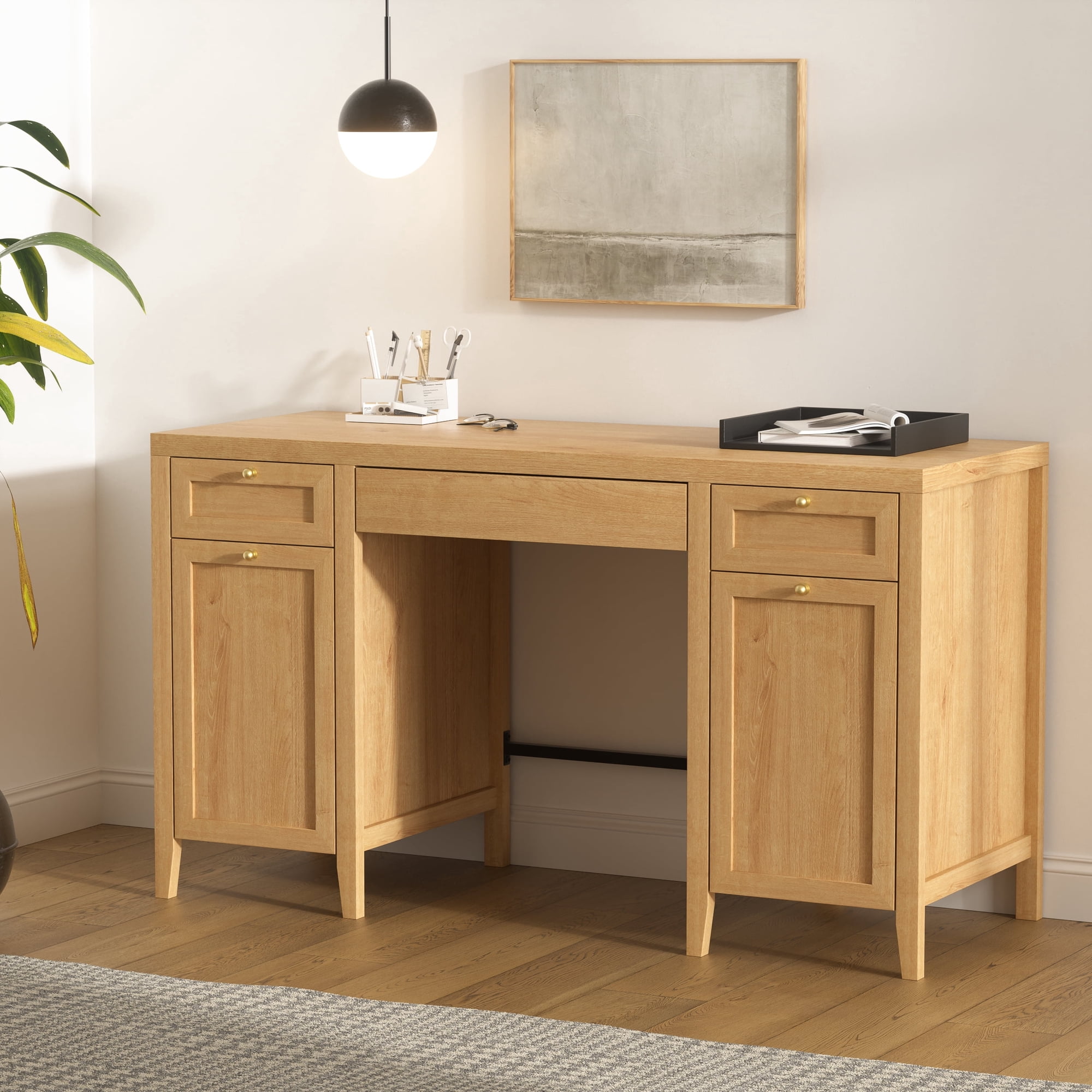 Joyyskill 52" Executive Desk with Storage Drawer, Farmhouse Home Office Desk with Storage Cabinet Wood Computer Writing Desk, Natural Oak