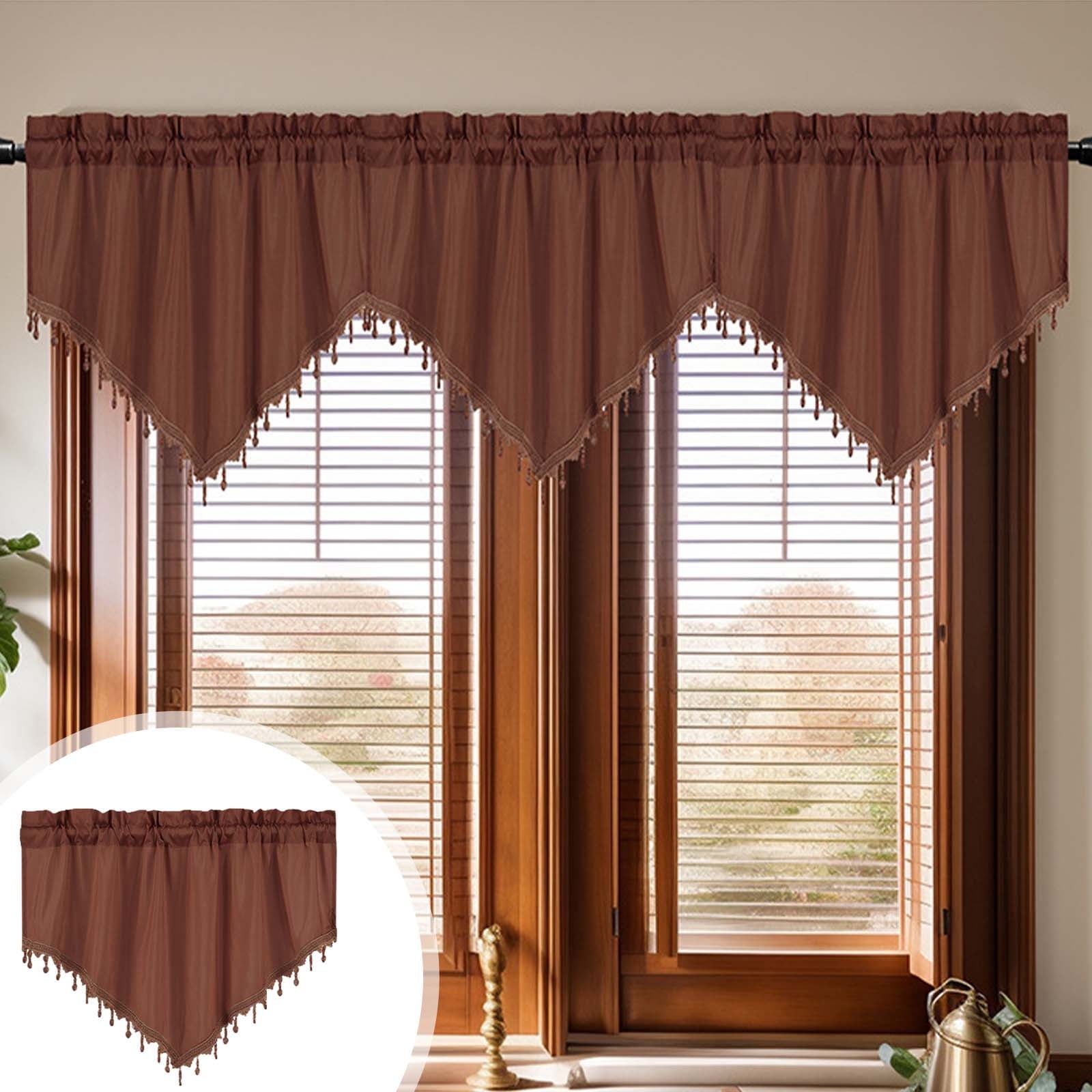 Beaded Triangle Sheer Valance Curtains for Living Room, Rod Pocket Farm Window Valance, Bead Trim Tassel Voile Sheer Curtain Valance for Bedroom Bathroom Cafe