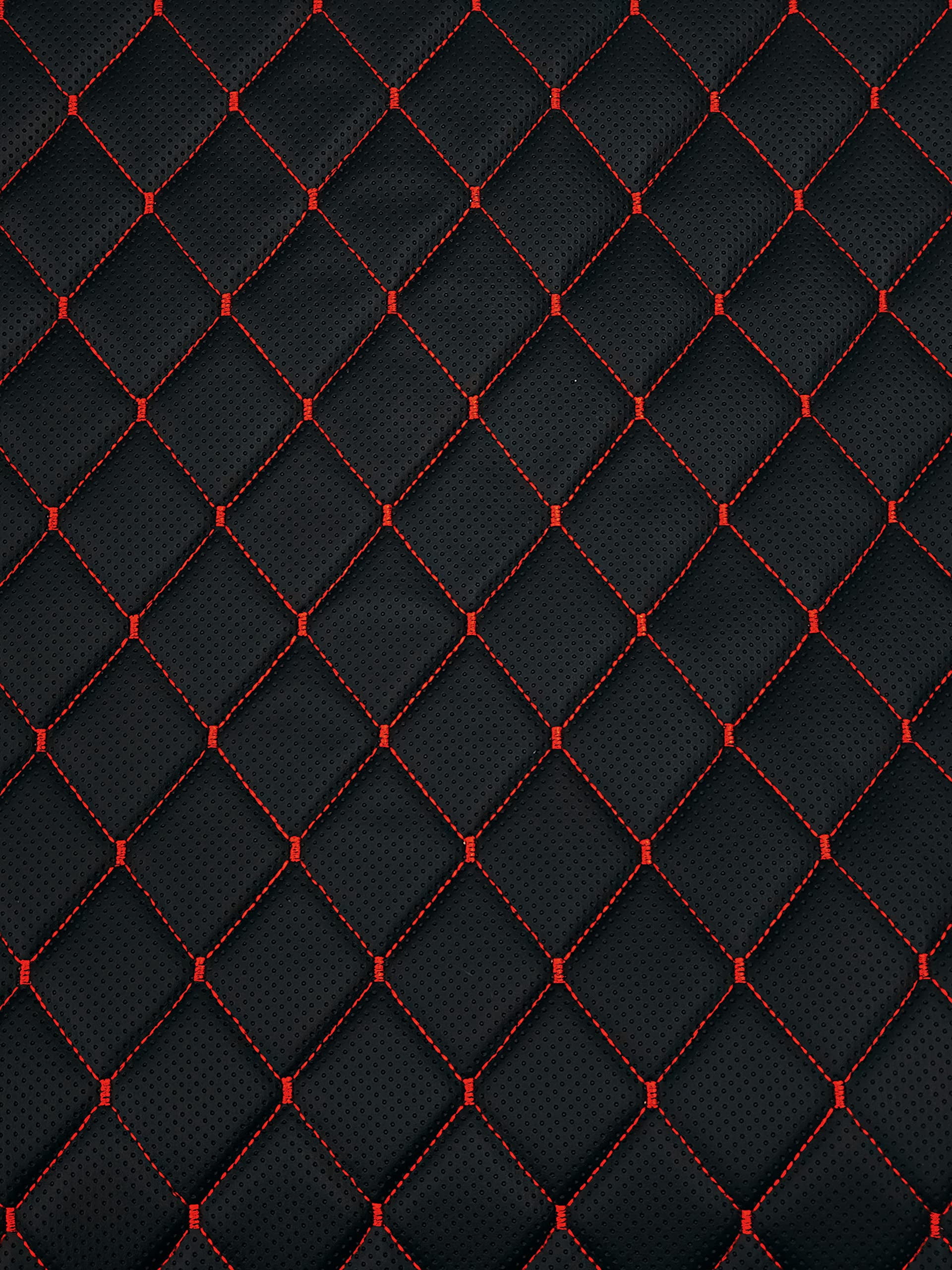 Vinyl Quilted Foam Fabric w 3/8" Foam Backing Upholstery /52" Wide/Continuous Yard/ Automotive Racing Car Interior Boat Furniture DIY Faux Leather (Black Perforated Look Hq Red Thread, Diamond 2"x3")