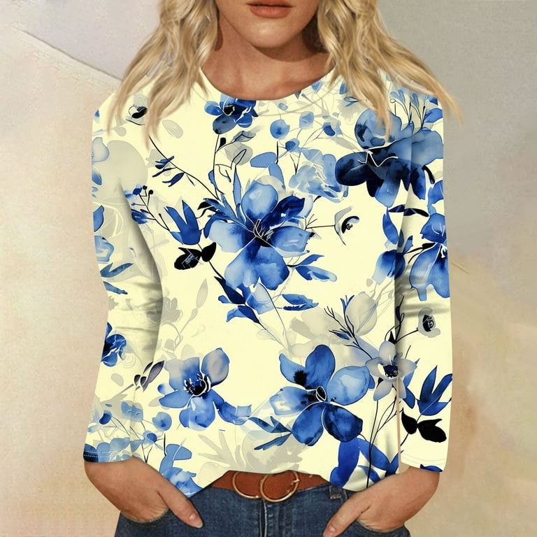 GXIPO Womens Long Sleeve Shirts Juniors Tops Oversized Tee Shirt Dressy Blouses Round Neck Tunic Pullover Comfy Clothes Blue M