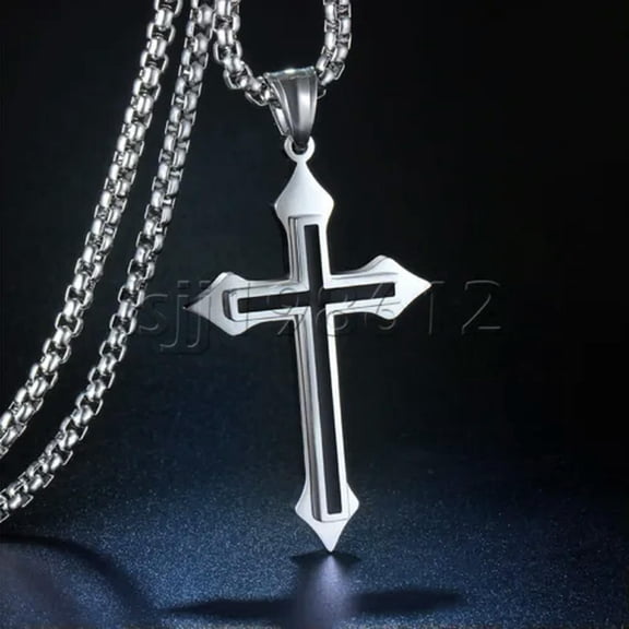 QQTDFG Men Women Silver Cross Pendant Necklace Stainless Steel Multilayer Christ Chain-16 in