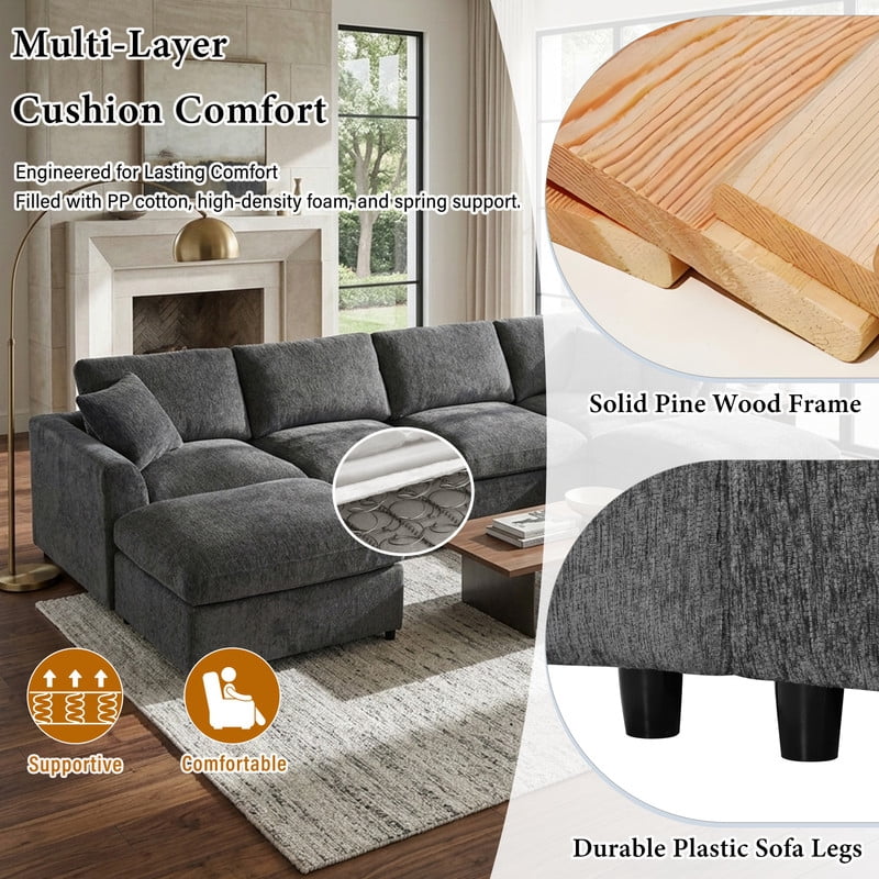 130.3" 6-Seater U-Shaped Modular Sectional Sofa, Chenille Upholstered Couch with 2 Movable Ottomans, Deep Seat Modern Sofa with Solid Wood Frame, Accent Pillow for Living Room