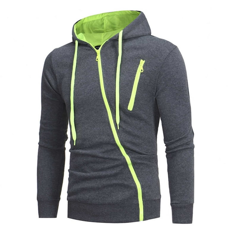 JUUYY Men s Long Sleeve Diagonal Zipper Hoodie Drawstring Side Zipper Hooded Coat Slim Fit Muscle Bodybuilding Zip Jackets Dark Gray XL Walmart