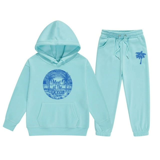 2PC Girls Outfits Long Sleeve Hooded Pullover Tops Pants Cartoon Print Leisure Clothes Set 7-8 T