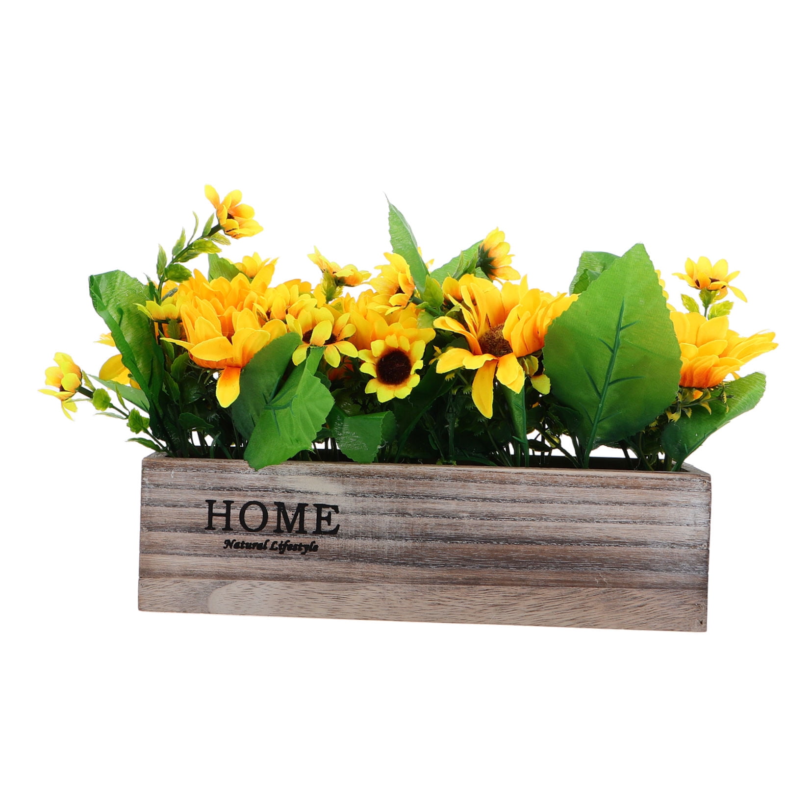 Rustic Sunflowers Potted Plant Artificial Flowers Bouquets In Rectangular Wooden Planter Summer Floral Centerpiece For Farmhouse Kitchen Country Table Decor